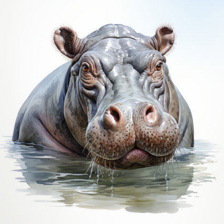 watercolour illustration of a hippo's head and eye, showcasing lively facial expressions. created in the style of zbrush, the artwork captures hyper-realistic water with a soggy and realistic perspective. this charming character illustration is the work of serge marshennikov, known for his captivating and lifelike illustrations. ai generatedの素材