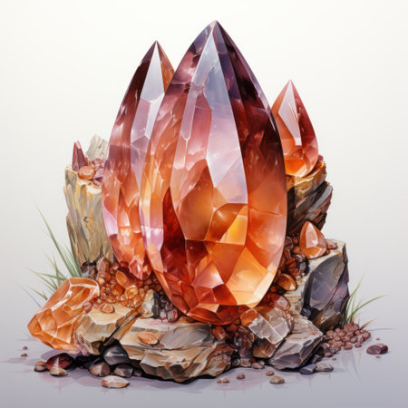 a cluster of crystal stones is depicted in this art illustration by lisamae. the style of the illustration combines light orange and light maroon tones, inspired by the works of gediminas pranckevicius. the realistic scenery showcases the polished metamorphosis of the stones, highlighting their precious materials. the illustration captures an abrupt yet captivating moment. ai generatedの素材