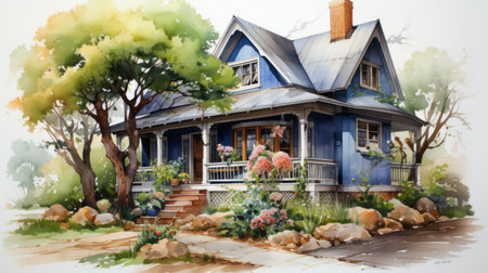 a watercolor painting of a blue house surrounded by trees, featuring charming anime characters. this uhd image showcases realistic color schemes and meticulous design. the intricate and delicate flower and garden paintings add to its beauty, while the high-contrast shading enhances the overall visual impact. ai generatedの素材