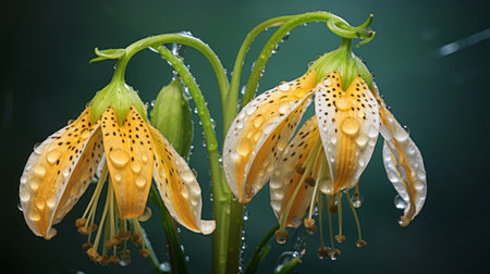 two yellow lily flowers, captured with a wollensak 127mm f47 ektar lens, showcase ornate detailing and enchanting lighting. the hyperrealistic style of this wildlife portrait highlights the organic form of the flowers. drops of water on the petals add a touch of freshness, while confetti-like dots create a mesmerizing effect. this stunning image is truly a testament to the beauty of nature. ai generatedの素材