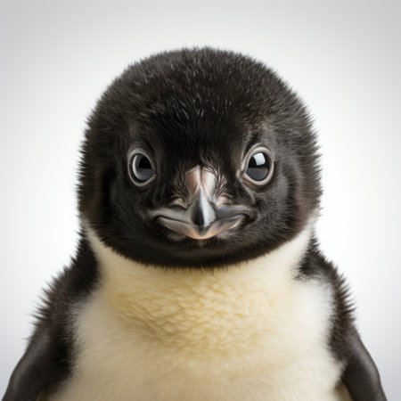 a penguin with a brown eye gazes directly at the camera, capturing the essence of anne geddes' style. this expressive black and white photograph, reminiscent of national geographic's stunning imagery, showcases soft renderings and lively facial expressions. the innocent charm of the penguin is beautifully captured in this high-resolution 8k image. ai generatedの素材