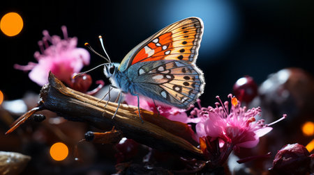 the blue and orange butterfly is captured in a stunning photograph using vray tracing techniques. the vibrant colors of the butterfly contrast beautifully with the cherry blossoms in the background. this night photograph showcases photo-realistic techniques, highlighting the intricate details of the butterfly's wings. the tabletop photography setup enhances the dark orange and pink hues, creating a visually captivating image. shot with a nikon af600の素材
