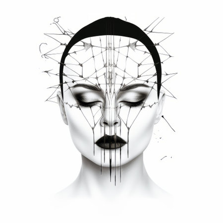 a woman's face with a wire pattern, combining elements of realism and fantasy. the gothic black and white style adds a touch of mystery, while the futuristic fragmentation creates a unique visual effect. the lifelike figures and splattered/dripped details add depth and texture. the geometric balance and 3d elements enhance the overall composition. ai generatedの素材