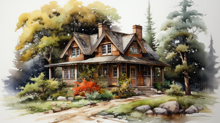 a watercolor illustration of a traditional country house, capturing the essence of romanticized depictions of wilderness. the artwork showcases earthy color palettes and a precisionist style, with detailed wood textures and heavy shading. the illustration has a charming, cartoonish quality that adds to its overall beauty. ai generatedの素材