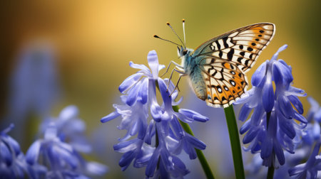 a white butterfly perched on vibrant blue flowers, captured in a uhd image by peter blume. the composition showcases a beautiful blend of light amber and blue tones, while maintaining sharp attention to detail. the photo, taken by serge marshennikov, exhibits high quality and features hints of light orange and purple. ai generatedの素材