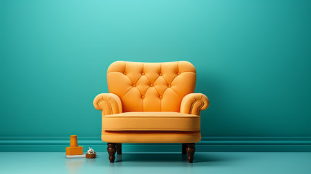 an orange chair, in the style of light teal and yellow, sits in front of tile and paint. the realistic rendering of the chair showcases post-internet aesthetics, reminiscent of eiko ojala's work. the chair is adorned with luxurious fabrics, evoking the minimalist backgrounds often seen in the works of charles willson peale. ai generatedの素材