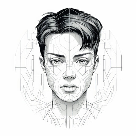 a girl with a face tattoo resembling a graph, featuring intricate lines, reminiscent of detailed science fiction illustrations. the tattoo showcases elements like ambient occlusion, futuristic robots, and strong facial expressions. this unique artwork captures the essence of portraits and self-portraits, with a genderless appeal and art deco sensibilities. ai generatedの素材