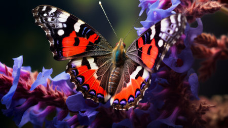desktop wallpaper featuring free full-size 5k red, yellow, and black butterflies on purple flowers. the image showcases fantastical and imaginative creatures in a vibrant mosaic style. captured with a lensbaby composer pro ii with edge 50 optic, the photo exhibits a collage-like composition with dappled light in shades of light navy and orange. taken with a nikon af600, this wallpaper is visually captivating and perfectの素材