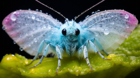 a butterfly with blue and pink spots perched on a leaf, captured in the style of patricia piccinini. the experimental cinematography by caras ionut highlights the intricate details of the butterfly's wings. a raindrop glistens in the background, adding a touch of serenity to the composition. this whimsical scene showcases the beauty of nature in a humorous and captivating way. ai generatedの素材