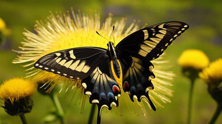 a black and white butterfly gracefully rests on a vibrant yellow flower, showcasing a blend of realistic yet stylized elements. the image captures the essence of dynamic color schemes, with contrasting light gold and dark black tones. the bold chromaticity adds a touch of spontaneous energy, creating a captivating visual. this photo embodies the concept of bloomcore, reminiscent of the artistic style of greg olsen.の素材