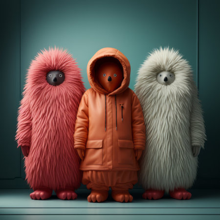 three polar bears are captured in a room with a colorful background, showcasing emotive surreal character studies. the gritty urban landscapes, rendered in cinema4d, create a striking contrast with the dark orange and pink hues. the naturalistic bird portraits, vibrant costumes, and life-like avian illustrations add a touch of whimsy to this captivating image. ai generatedの素材