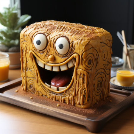 an oatmeal raisin toast with a tooth, created in the style of unreal engine 5. this detailed character design showcases lively facial expressions and incorporates elements of sgraffito. the horror-inspired composition is captured using the zeiss batis 18mm f2.8 lens, resulting in a dark yellow and amber color palette. ai generatedの素材