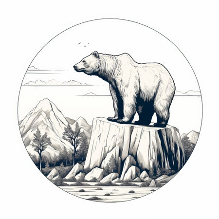 a polar bear tattoo design illustration featuring a majestic polar bear enclosed within a circular frame. the artwork is inspired by classical landscapes and wood engravings, showcasing mountainous vistas and editorial illustrations. captured with a wide-angle lens, the design also incorporates elements of stone sculptures. this stunning piece was created using a fujifilm x-t4 camera. ai generatedの素材