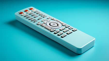a remote control, in a bold and vibrant style, is showcased on a table. the design features a combination of light cyan and sky-blue colors, creating a realistic and hyper-detailed rendering. with a precisionist style and minimal retouching, this bombacore-inspired image was created using bryce 3d software. ai generatedの素材