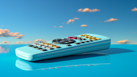 the blue remote control is placed on a vibrant blue countertop, resembling the richly colored skies. this 8k 3d ricoh r1 remote control is designed with a combination of yellow and aquamarine accents. its sleek design is influenced by musical influences, engineering construction, and the swiss style. ai generatedの素材