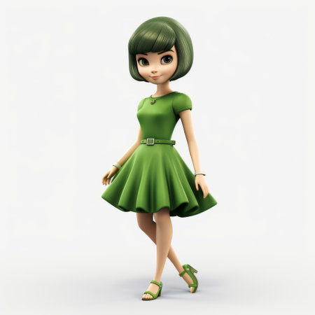 a realistic female green dress doll, designed in a cartoon-like style, is depicted in this high-resolution uhd image. created by chie yoshii, the doll showcases a simplistic yet glamorous appearance. the shiny eyes of the doll add an extra touch of allure. this image was captured using a minolta riva mini camera. ai generatedの素材