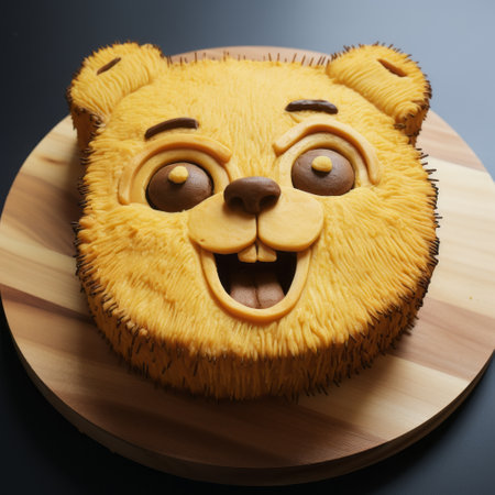 a large cake with an overly done face, rendered in cinema4d, showcases hyper-realistic animal illustrations. this photorealistic creation, captured with a nikon d850, features intricate details and is made from wood with honeycore. the 8k resolution adds to its stunning visual accuracy. ai generatedの素材