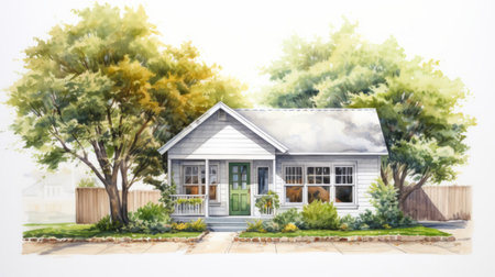 a cozy cottage, depicted in watercolor paint, stands out against a white background. the artwork showcases the hyperrealistic style of pencil drawings, with vibrant shades of green and light amber. the highly realistic details make this piece visually captivating, embodying the essence of hyper-realistic pop art. ai generatedの素材