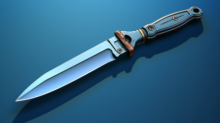 the knife is placed on a vibrant blue surface, showcasing intricate character design. the photo is rendered using vray, with a combination of light bronze and light aquamarine tones. the image is captured in stunning 8k resolution, highlighting the influences of angura kei and dieselpunk styles. the overall aesthetic is characterized by a striking simplicity. ai generatedの素材