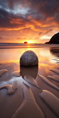 stone reflecting on beach sand at sunrise, capturing the essence of traditional british landscapes. this national geographic photo showcases spherical sculptures with the zeiss batis 18mm f2.8 lens, featuring a warm tonal range of light magenta and dark bronze. the image also incorporates elements of maori art, creating a captivating visual composition. ai generatedの素材