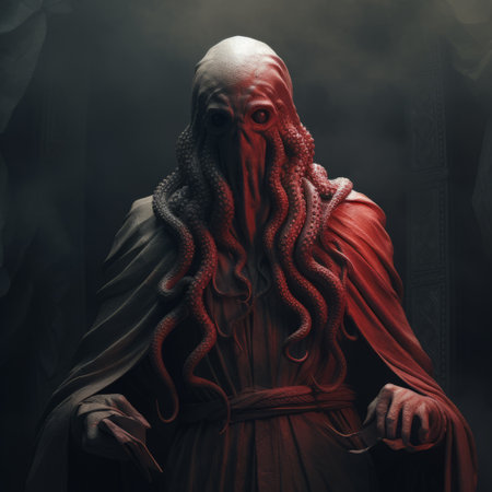 the stumbling giant, inspired by the style of christopher balaskas, is depicted wearing armor and adorned with tentacles. this uhd image showcases intricate details, including the giant's facial features and dignified poses. the artwork incorporates esoteric symbolism with a color palette of dark white and light red, reminiscent of the works of anton semenov. ai generatedの素材