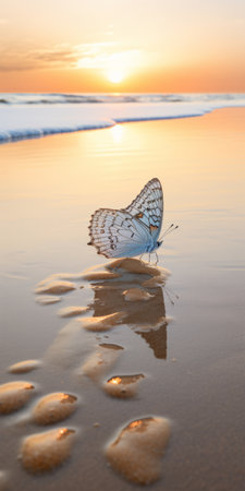 a butterfly gracefully rests on the sandy surface, surrounded by a romantic seascape. the backlight enhances the sparkling water reflections, creating a mesmerizing scene. the butterfly's delicate white and orange wings perfectly complement the aesthetic movement. the white and azure tones evoke the essence of japanese photography. ai generatedの素材