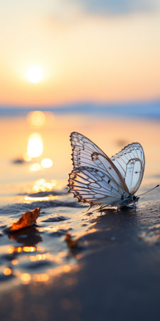 a butterfly gracefully perches on the sandy beach as the sun sets in the background. this stunning photograph captures the fleeting beauty of the butterfly as it prepares to take flight. the image, taken by hideyuki kikuchi, showcases a light, white, and silver color palette, reminiscent of nature's elegance. with its high quality and nature-inspired imagery, this national geographic photo highlights the intricate patterns foundの素材