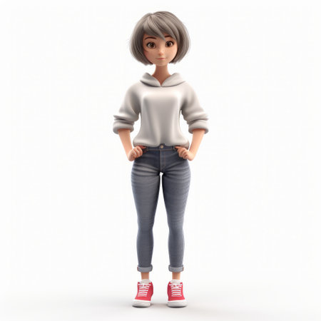 3d female figure with glasses, wearing white shorts and red sneakers with white shoelaces, captured in a stock image against a white background. the image showcases an anime-inspired character design, featuring detailed shading in light orange and light indigo. the figure has a strong facial expression and toy-like proportions, rendered in white and gray tones. this image is suitable for booru platforms. ai generatedの素材