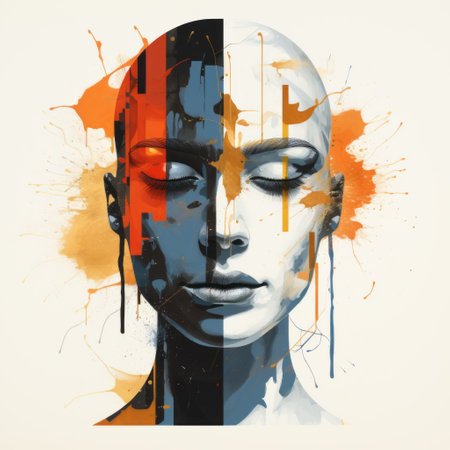 a woman's face covered in blue water splatter creates a striking image. the artwork, inspired by martin ansin's style, features a symmetrical composition and an isolated figure. the use of light bronze and orange tones adds depth and contrast. the raw versus finished elements and the futurist gothic influence are evident, enhanced by the split toning technique. ai generatedの素材