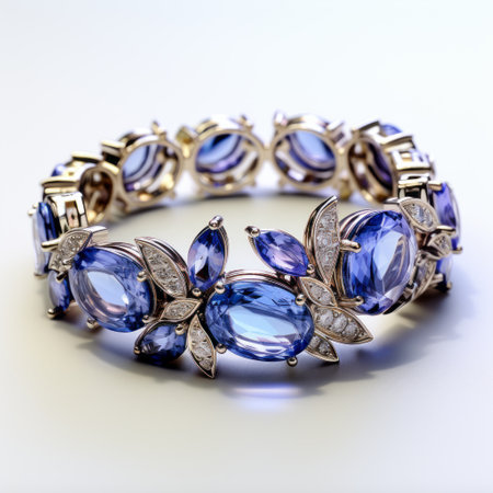 a stunning photo featuring a purple diamond tanzanite and pearl necklace, accompanied by a silver wrist watch. the intricate design of the necklace resembles highly detailed foliage, enhanced by a solarization effect. the combination of light gold and azure colors creates a captivating spiral group, giving the image an elongated and dramatic appearance. this 8k 3d photo showcases the beautiful craftsmanship of the jewelry. aiの素材