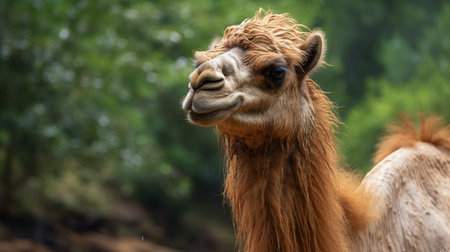 the camel, with its brown body and long, curly hair, is captured in stunning detail through the lens of the lensbaby composer pro ii with edge 50 optic. the photo showcases vibrant colors of dark orange and light emerald, in 8k resolution. the camel's lively facial expressions and the spiky mounds in the background add to the overall visual appeal. ai generatedの素材