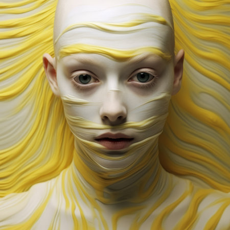 a pretty girl with yellow makeup is reflected in the mirror, showcasing a hyperrealistic composition inspired by the style of iris van herpen. this national geographic photo captures the porcelain-like beauty of the subject, reminiscent of the works of serge marshennikov. the fluid and flowing lines add a sense of close-up intensity to the image. ai generatedの素材