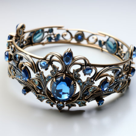 the blue metal crown-type bangle and bracelet showcase photorealistic detail and baroque ornamentation. with an 8k resolution, these accessories feature gemstones, intricate embellishments, and high detailed craftsmanship. made with glass as the primary material, these pieces exude elegance and sophistication. ai generatedの素材