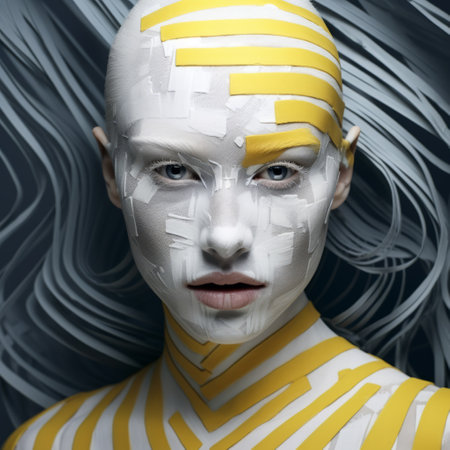 a woman wearing a yellow and white striped outfit stands out in a futuristic fragmentation style. the monochrome portraits capture her essence, while the futuristic chromatic waves add an artistic touch. the organic sculpting and robotic motifs create a unique blend of aesthetics. the light silver and dark azure colors enhance the emotive portraiture. ai generatedの素材