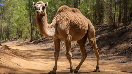a majestic camel, one of the largest antelopes, stands proudly in the breathtaking australian landscape. captured with a canon eos 5d mark iv, this uhd image showcases the beauty of anthropomorphic animals in the style of australian tonalism. the curvilinear composition highlights the camel's full body, creating a captivating visual experience. ai generatedの素材