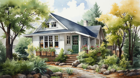 a cozy cottage, depicted in watercolor paint, stands out against a white background. the artwork showcases the hyperrealistic style of pencil drawings, with vibrant shades of green and light amber. the highly realistic details make this piece truly eye-catching, embodying the essence of hyper-realistic pop art. ai generatedの素材