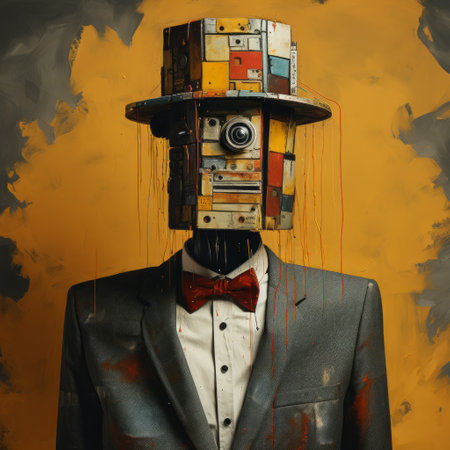 a man in a suit with a hat and tie, showcasing a robotic expressionism style. the photograph captures the essence of camera lucida and painterly techniques. juxtaposed figures and destroyed gadget sculptures add an intriguing element. the dark yellow and red tones create a captivating atmosphere, enhancing the city portraits. ai generatedの素材