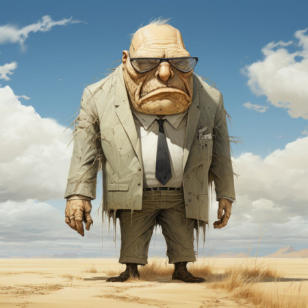 a man carrying a plastic tool stands in the desert, showcasing expressive character design. the scene is reminiscent of warren buffet's investment strategies, while the realistic animal portraits and necronomicon illustrations by grzegorz domaradzki and bill gekas add depth to the artistic style. the beige tones of the surroundings create a harmonious backdrop for this intriguing image. ai generatedの素材