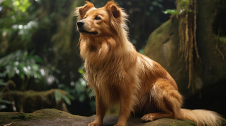 a golden retriever perched on a rock amidst lush foliage, captured in the visually stunning style of unreal engine 5. this traditional vietnamese-inspired scene showcases texture-rich surfaces, with a color palette ranging from light red to dark amber. the photograph is taken using a large format lens, resulting in a gritty elegance reminiscent of the northern and southern dynasties. ai generatedの素材