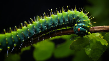 a green caterpillar perches on a bush, illuminated with realistic chiaroscuro lighting. captured with a large format lens, the photo showcases vivid and saturated colors. the polished metamorphosis is enhanced through focus stacking, while innovative techniques highlight the caterpillar's distinctive features. ai generatedの素材