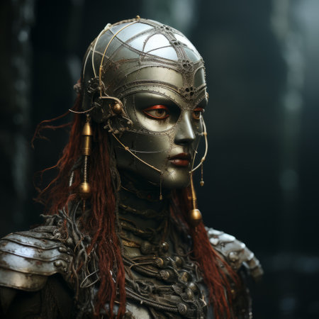 a person wearing a contemporary armored gown and helmet, inspired by vray tracing and gothic horror aesthetics. the stunning 8k resolution image showcases the fusion of modern and traditional elements, with influences from dayak art. created using cinema4d and captured on 70mm film, this photo captures the essence of grotesque beauty. ai generatedの素材