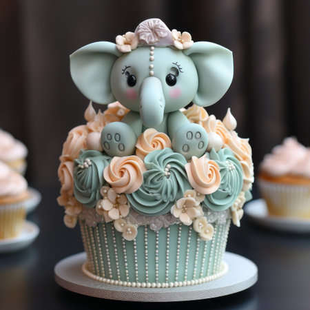 the cupcakes feature a beautifully crafted green elephant surrounded by flowers, created in the style of zbrush. with a color palette of dark beige and light aquamarine, the cupcakes showcase exquisite craftsmanship. the elephant's toy-like proportions and exaggerated features add a whimsical touch. the use of focus stacking enhances the details, while the combination of light silver and light orange adds a subtle yet eye-catchingの素材