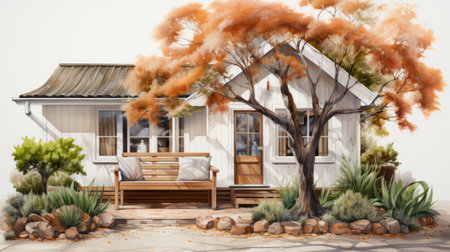 a painted illustration of a house with trees, showcasing photorealistic details and a soft, dreamy atmosphere. the artwork captures the house's weathered materials and restored, repurposed charm. the architectural illustrator skillfully renders the perspective, using light white and orange tones to create a captivating scene. ai generatedの素材