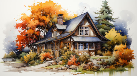 colorful rustic autumn house painting in watercolor, inspired by the styles of brian kesinger and robert bateman. this artwork captures the essence of romanticized depictions of wilderness, showcasing serene and tranquil scenes. the artist's use of common materials and precisionist techniques adds to the beauty and charm of this stunning piece. ai generatedの素材