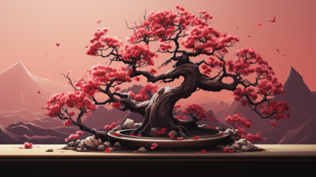 an anime bonsai tree sits gracefully inside a pot, surrounded by majestic mountains. this digital artwork showcases a beautiful blend of light crimson and silver hues, created using advanced techniques like zbrush and mural painting. the traditional color scheme is enhanced by the delicate cherry blossoms, adding a touch of elegance to the wooden landscape. ai generatedの素材