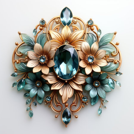 elegant brooches featuring beautiful flowers on a white background. these brooches are designed in a dark aquamarine and gold style, with a touch of baroque-inspired grandeur. the intricate design showcases dimensional multilayering, with shades of light navy and light emerald. these 3d brooches are highly detailed, imitating the look and feel of luxurious materials. ai generatedの素材