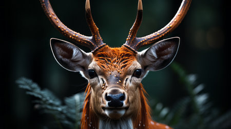 a majestic deer with impressive horns gazes directly at the camera. the dark orange and white color palette adds a tropical touch to the image. captured using a canon eos 5d mark iv, this photograph showcases digital art techniques and exaggerated facial features. the macro photography highlights intricate details, while the eye-catching composition makes this image truly captivating. ai generatedの素材