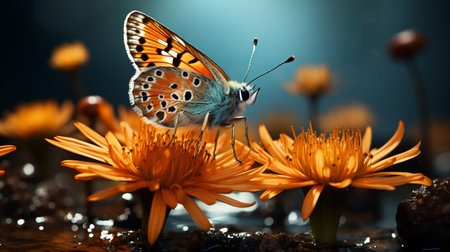 a butterfly perches gracefully on vibrant flowers, surrounded by a serene puddle of water. the dark orange and light cyan hues create a striking contrast, enhancing the photorealistic accuracy of this image. with dramatic lighting and meticulous attention to detail, this uhd photograph captures a realistic still life. taken by the associated press, this matte photo showcases the beauty of nature through spot metering. aiの素材