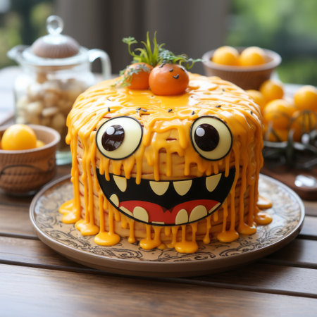 a dripping monster cake with an abundance of fruit nestled in the center. the cake is adorned with a captivating combination of light orange and yellow hues, creating an emotive expression. the use of vray tracing enhances the suburban ennui captured in the image. the monochromatic color scheme and focus stacking technique further emphasize the strong facial expression of the cake. ai generatedの素材
