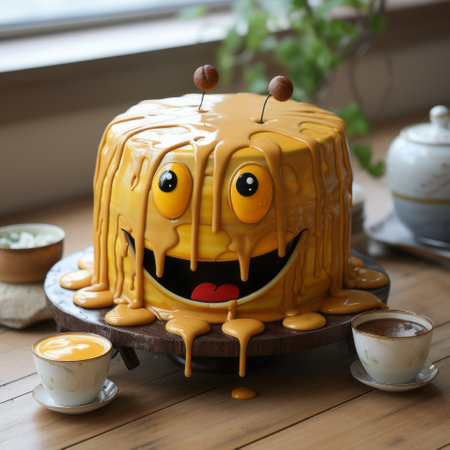 a yellow cake sits on a table alongside a cup of tea, creating a surrealistic scene with lively facial expressions. this monstrous and halloween-inspired image showcases the use of unreal engine 5, resulting in hyper-detailed and realistic renderings. discover this soggy yet captivating artwork on flickr. ai generatedの素材